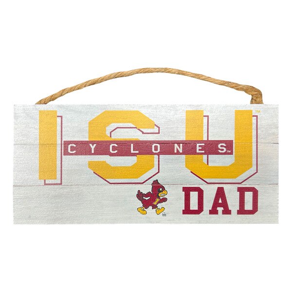 Walking Cy Dad Cardinal and Gold Wood Plank Hanging Sign